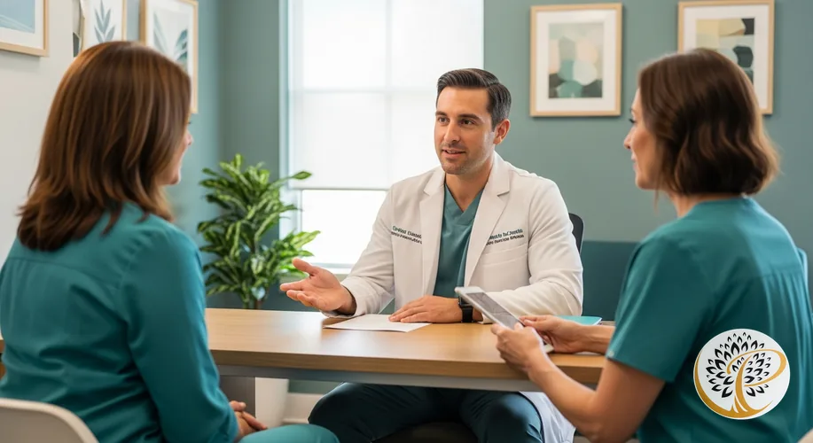 Periodontist and patient discussing osseous surgery treatment plan in a modern office.