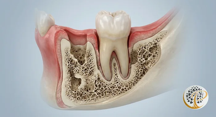 3D medical visualization showing jawbone with irregular contours, illustrating periodontal bone loss.