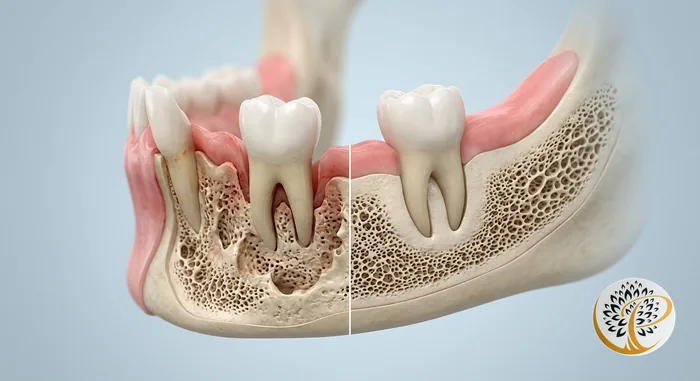 3D visualization of jawbone and gum after osseous surgery, showing recontoured bone.