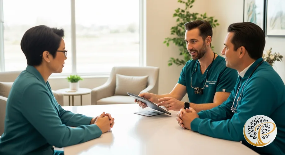 Periodontist discussing personalized dental care with a patient in a modern office.