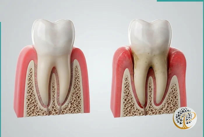 Comparison of healthy gum tissue versus a deep periodontal pocket.