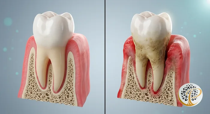 3D medical illustration comparing healthy periodontium with periodontal disease requiring frequent maintenance.