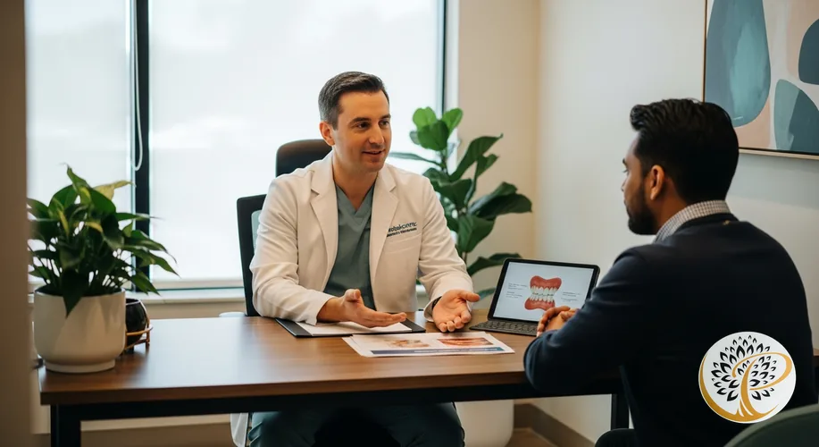 Periodontist consults warmly with patient discussing specialized dental care needs.