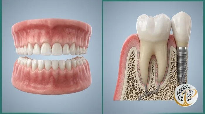 Comparison of healthy teeth, gums, and a detailed periodontal cross-section.