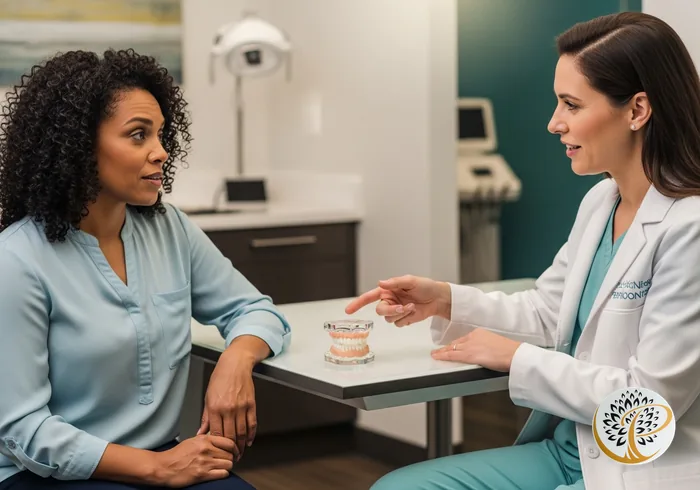 Periodontist consulting with a patient about gum and dental health.