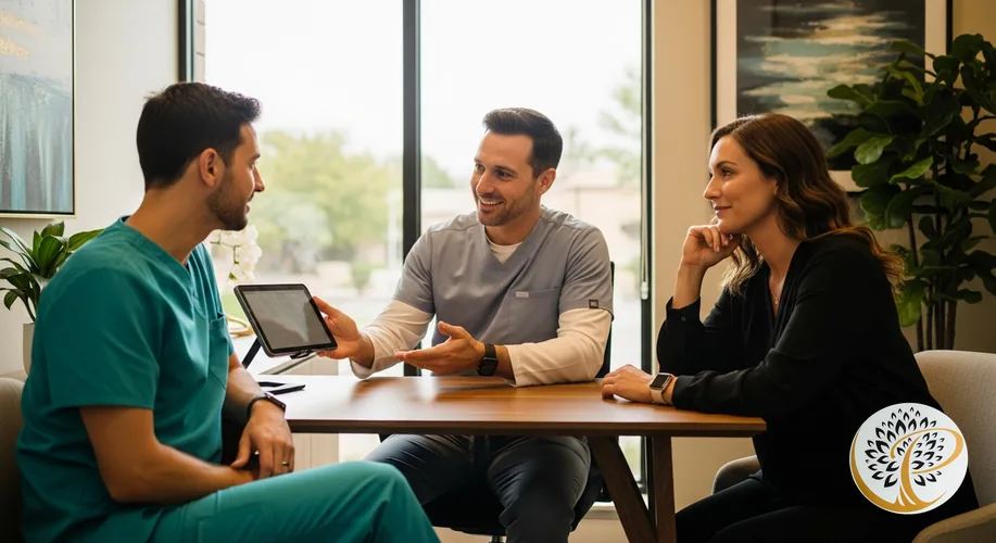 Periodontist consulting a female patient about gum treatment options.