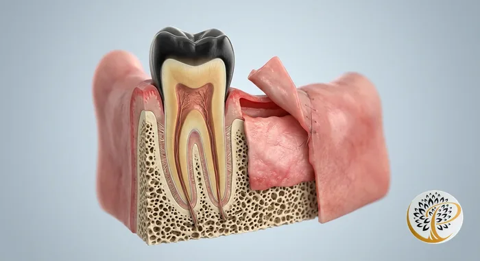 3D medical illustration showing connective tissue gum grafting procedure for receding gums.