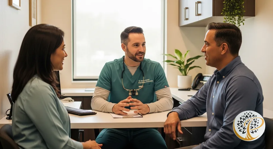 Periodontist discussing oral health and treatment options with a patient in a modern office.