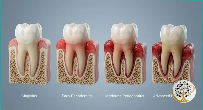 Four stages of periodontal disease progression from gingivitis to advanced periodontitis.