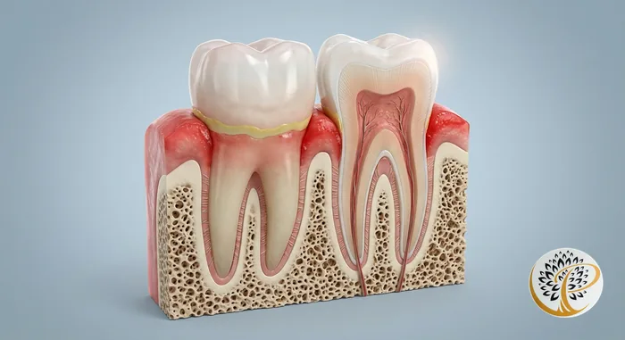 Cross-section showing early gingivitis with inflamed gums, plaque, and healthy bone.