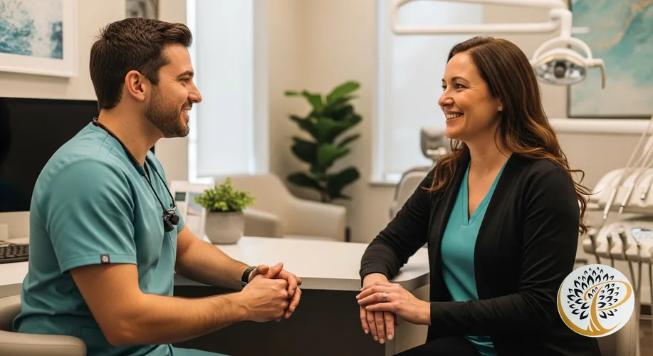 Periodontist consulting warmly with a female patient in a modern dental office.