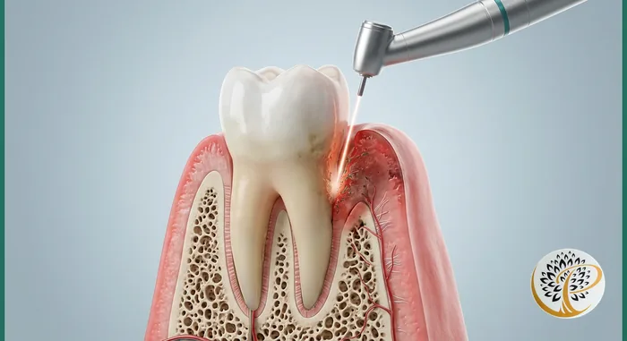 Dental laser precisely removes diseased gum tissue from a tooth root.