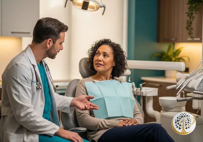 Patient discusses LANAP suitability with periodontist in a modern dental consultation room.